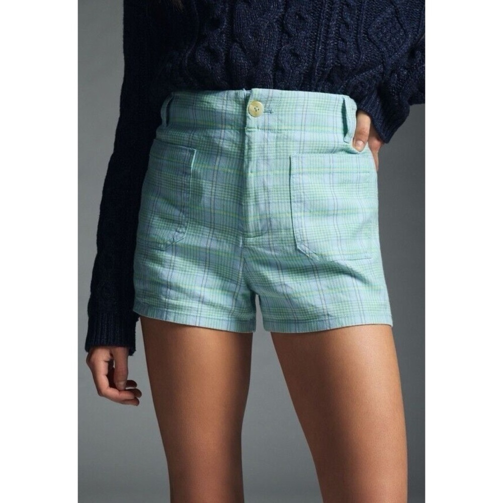 New Anthropologie The Colette Linen Shorts Blue Plaid Print 32